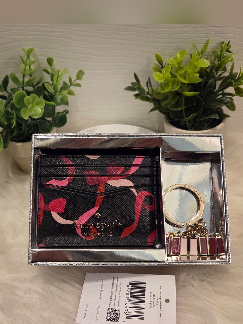 Kate Spade Black Cardholder with Pink and Red Ribbon Print and Matc Gold Keyring - Picture 4 of 4
